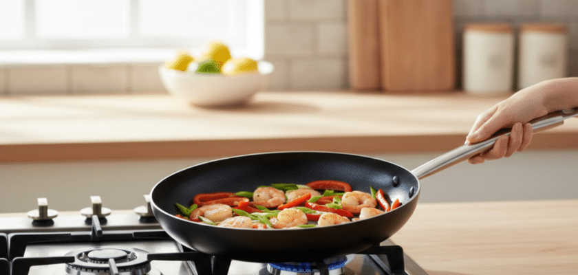 Hand holding a nonstick frying pan with shrimp and sliced red and green bell peppers cooking over a blue gas flame on a modern kitchen stovetop.