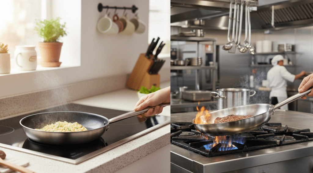 chiefs nonstick pan versus professional pan in kitchen