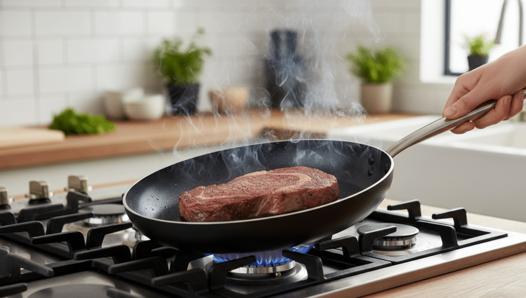 chiefs nonstick pan searing a steak 